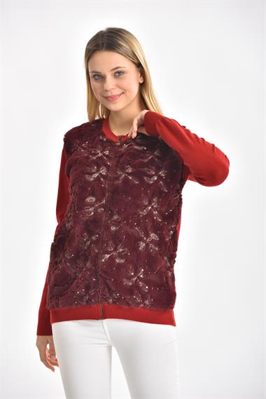 FTZ Women Kadın Peluş Fermuarlı hırka  Kırmızı 21-1363
