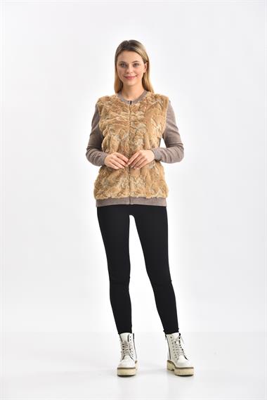 FTZ Women Kadın Peluş Fermuarlı hırka  Beige 21-1363