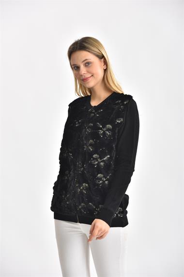 FTZ Women Kadın Peluş Fermuarlı hırka  Siyah 21-1363