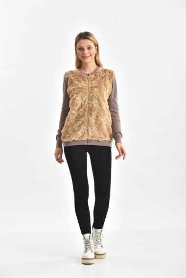 FTZ Women Kadın Peluş Fermuarlı hırka  Beige 21-1363