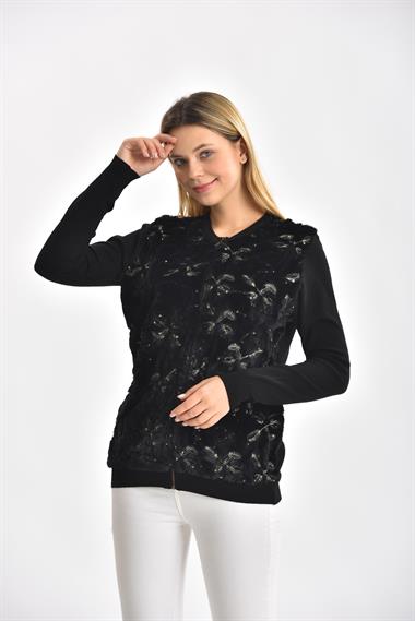 FTZ Women Kadın Peluş Fermuarlı hırka  Siyah 21-1363