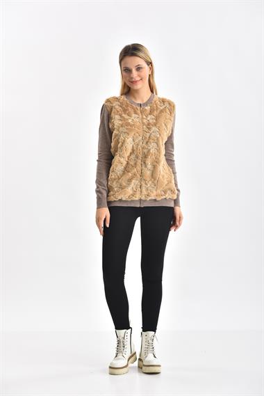 FTZ Women Kadın Peluş Fermuarlı hırka  Beige 21-1363