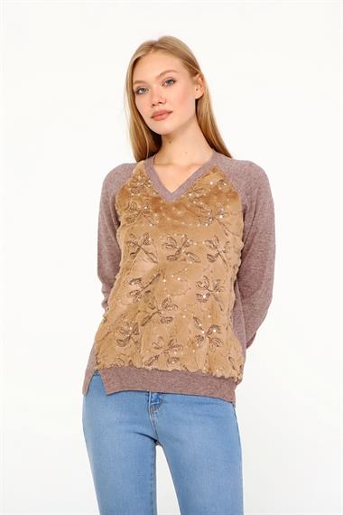 FTZ Women Kadın Peluş Nakışlı Triko  Beige 21-1043