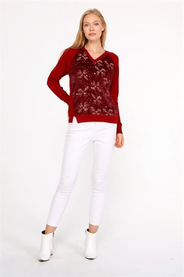 FTZ Women Kadın Peluş Nakışlı Triko  Bordo 21-1043