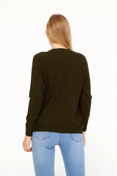 FTZ Women Kadın Peluş Nakışlı Triko  Haki 21-1043