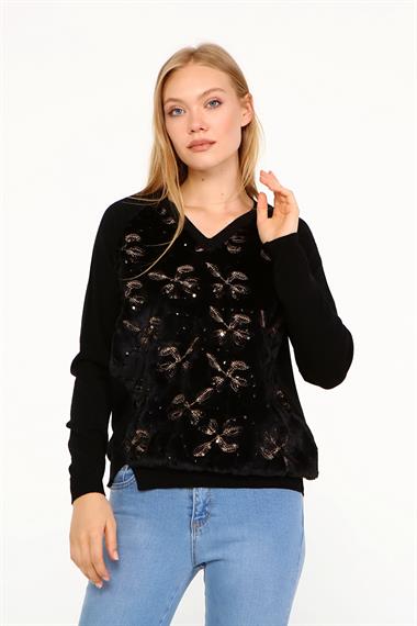 FTZ Women Kadın Peluş Nakışlı Triko  Siyah 21-1043
