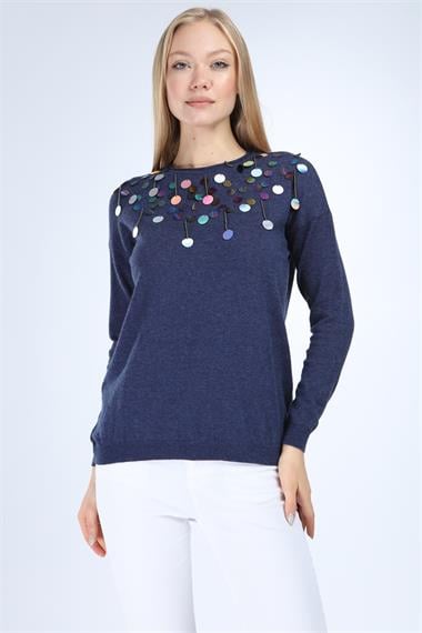 FTZ Women Kadın Pul Detaylı Triko  İndigo 21-1111