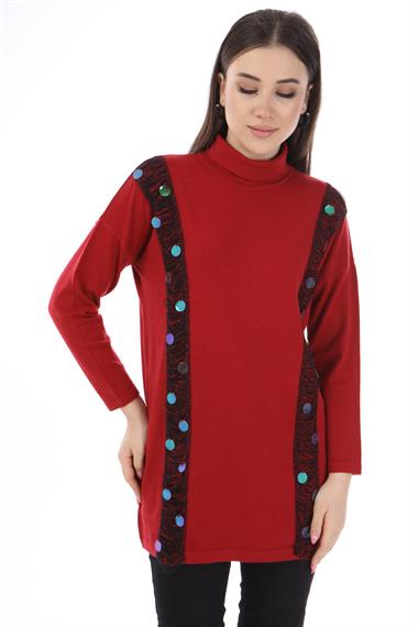 FTZ Women Kadın Pul Payet Şerit Detay Triko  Kırmızı 21-1328