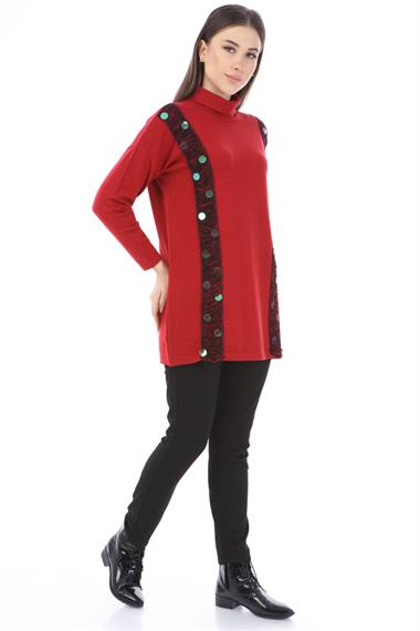 FTZ Women Kadın Pul Payet Şerit Detay Triko  Kırmızı 21-1328