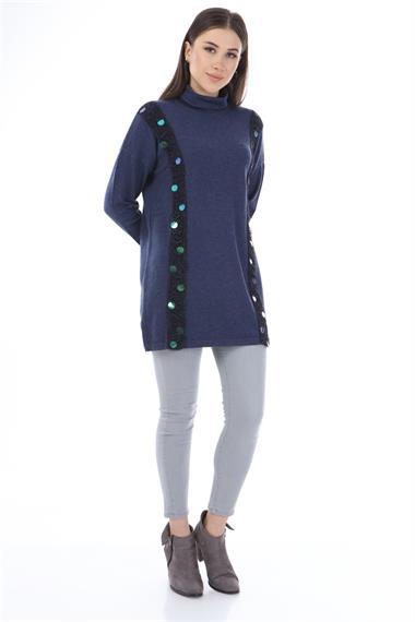 FTZ Women Kadın Pul Payet Şerit Detay Triko  İndigo 21-1328