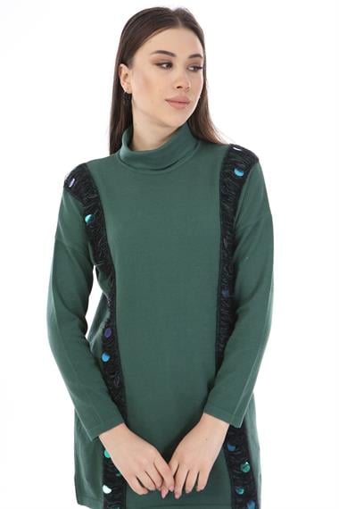 FTZ Women Kadın Pul Payet Şerit Detay Triko  Zümrüt 21-1328