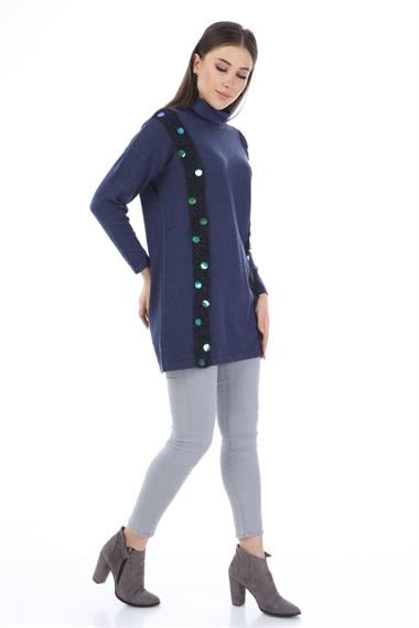 FTZ Women Kadın Pul Payet Şerit Detay Triko  İndigo 21-1328