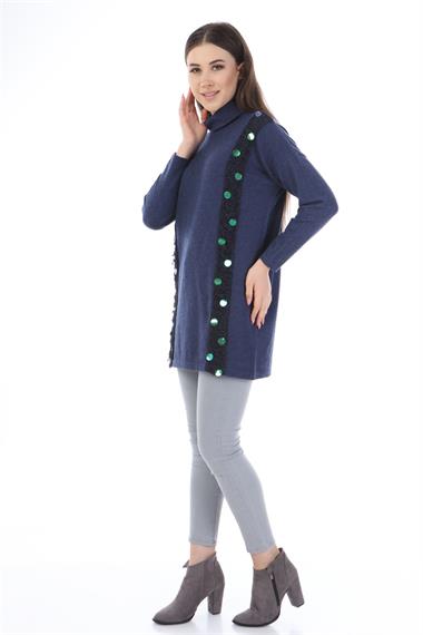 FTZ Women Kadın Pul Payet Şerit Detay Triko  İndigo 21-1328