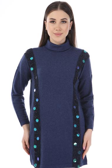 FTZ Women Kadın Pul Payet Şerit Detay Triko  İndigo 21-1328