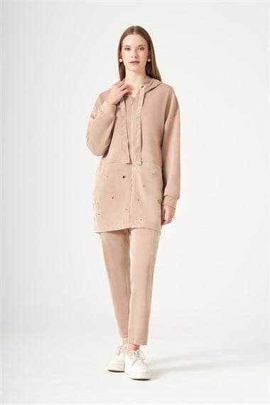FTZ Women Kadın Rahat Kalıp Halka Detay Modal Takım  Camel 31529