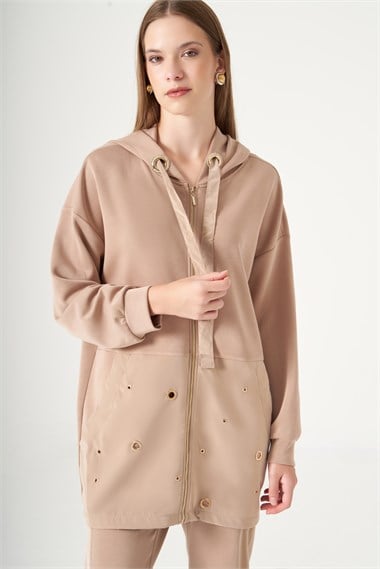 FTZ Women Kadın Rahat Kalıp Halka Detay Modal Takım  Camel 31529