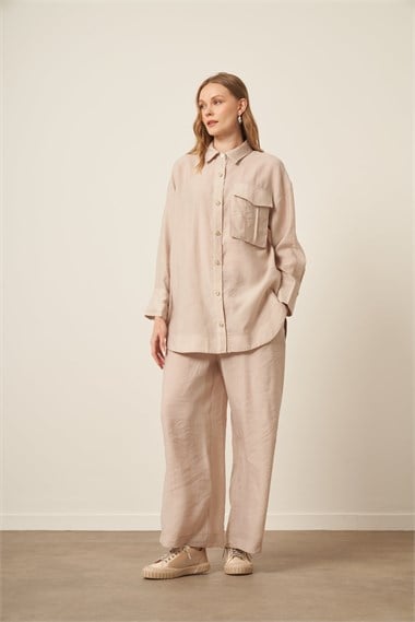 FTZ Women Kadın Rahat Kalıp Modal Cepli Takım  Beige 30717