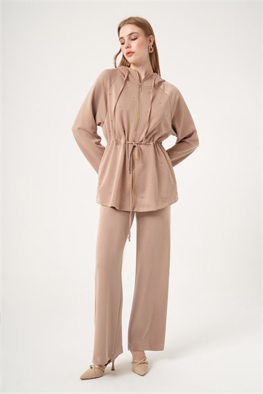 FTZ Women Kadın Rahat Kalıp Taş Baskılı Takım  Camel 31525