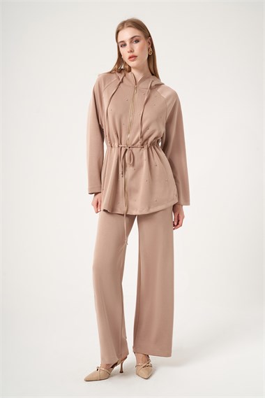 FTZ Women Kadın Rahat Kalıp Taş Baskılı Takım  Camel 31525