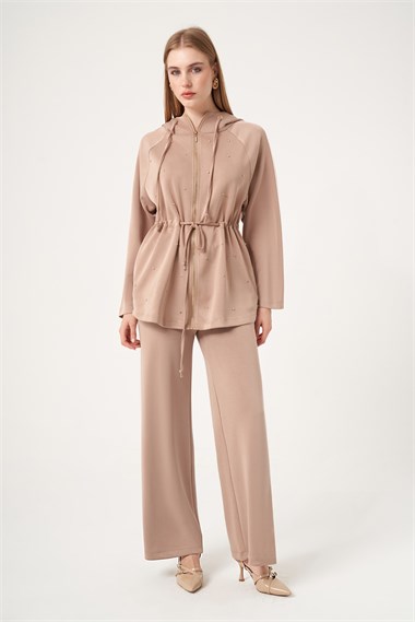 FTZ Women Kadın Rahat Kalıp Taş Baskılı Takım  Camel 31525