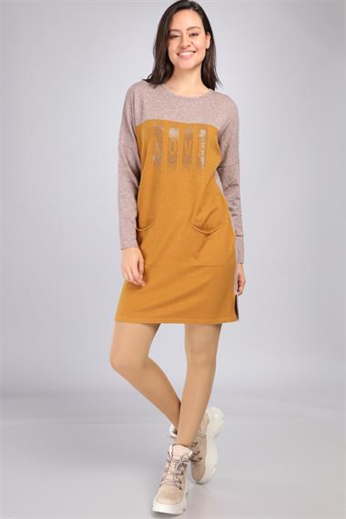 FTZ Women Kadın Renk Geçişli Uzun Tunik  Beige 21-1144
