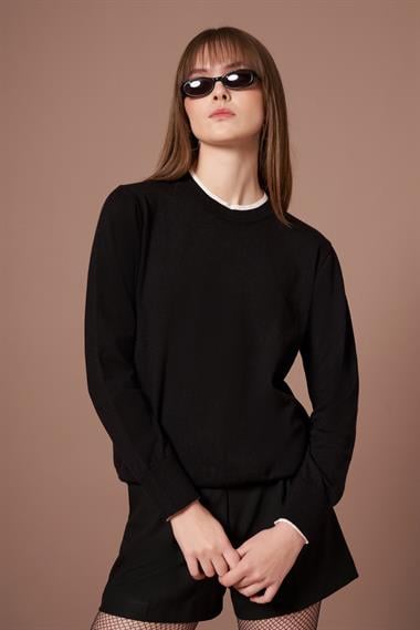 FTZ Women Kadın Ribana Detaylı Kazak  Siyah 25290