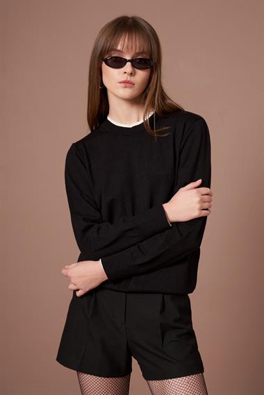 FTZ Women Kadın Ribana Detaylı Kazak  Siyah 25290