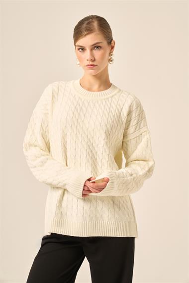 FTZ Women Kadın Saç Örgü Kazak  Ekru 20882