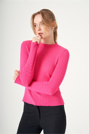 FTZ Women Kadın Saç Örgü Kazak  Fuşya 25306
