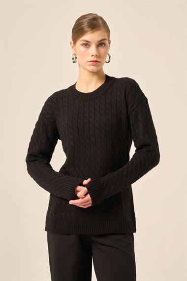 FTZ Women Kadın Saç Örgü Kazak  Siyah 20882