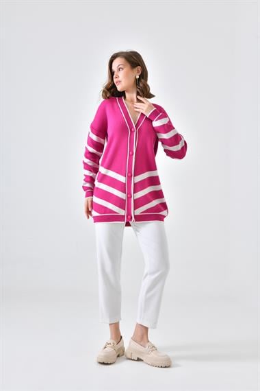 FTZ Women Kadın Şerit Detaylı Hırka  Fuşya 20429