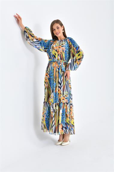 FTZ Women Kadın Şifon Baskılı Elbise  Saks Mavi 30499