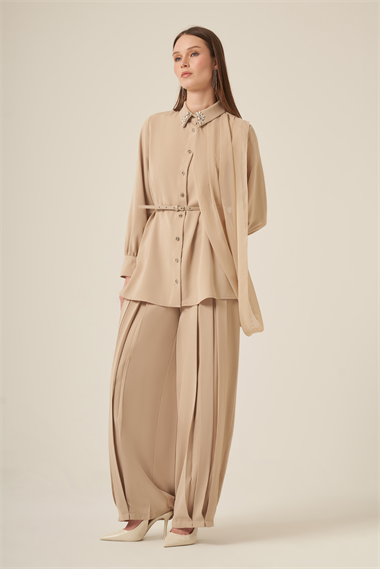 FTZ Women Kadın Şifon Detay Pantolonlu Takım  Beige 31314