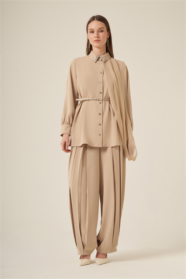 FTZ Women Kadın Şifon Detay Pantolonlu Takım  Beige 31314