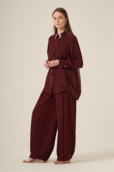 FTZ Women Kadın Şifon Detay Pantolonlu Takım  Mürdüm 31314