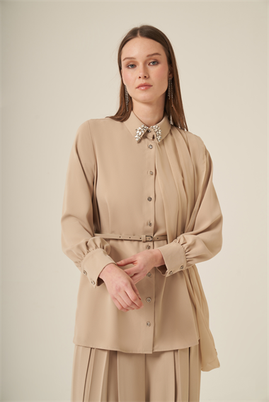 FTZ Women Kadın Şifon Detay Pantolonlu Takım  Beige 31314