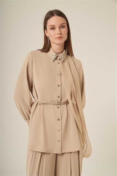 FTZ Women Kadın Şifon Detay Pantolonlu Takım  Beige 31314
