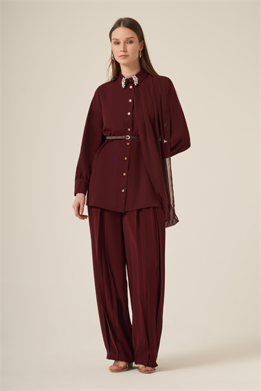 FTZ Women Kadın Şifon Detay Pantolonlu Takım  Mürdüm 31314