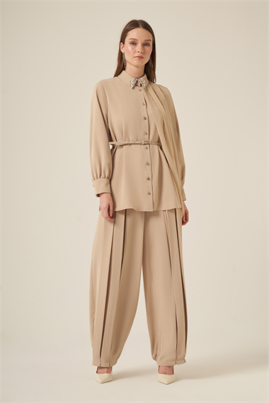 FTZ Women Kadın Şifon Detay Pantolonlu Takım  Beige 31314