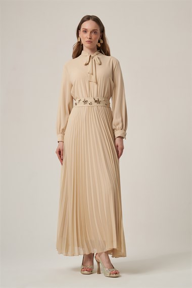 FTZ Women Kadın Şifon Kemer Taşlı Pliseli Elbise  Beige 31406
