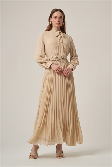 FTZ Women Kadın Şifon Kemer Taşlı Pliseli Elbise  Beige 31406