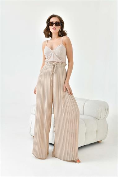 FTZ Women Kadın Şifon Pliseli Pantolon  Beige 30700