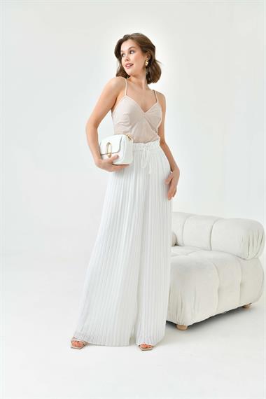 FTZ Women Kadın Şifon Pliseli Pantolon  Ekru 30700