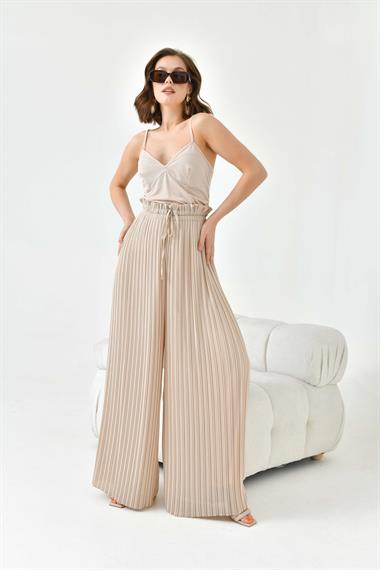FTZ Women Kadın Şifon Pliseli Pantolon  Beige 30700