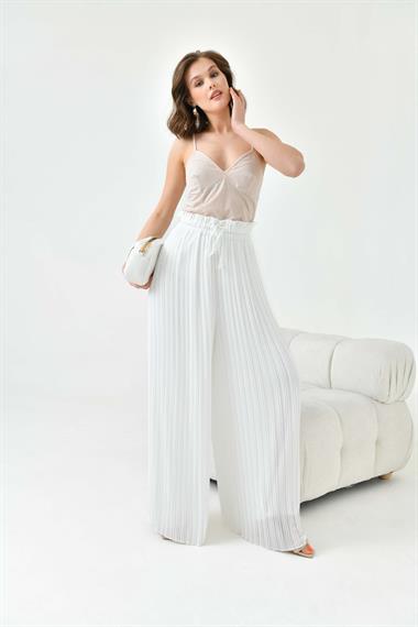 FTZ Women Kadın Şifon Pliseli Pantolon  Ekru 30700