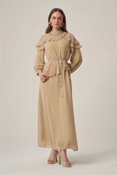FTZ Women Kadın Şifon Yaka Taşli Elbise  Beige 31379