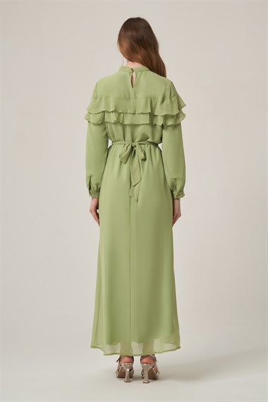 FTZ Women Kadın Şifon Yaka Taşli Elbise  Olive 31379