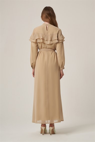 FTZ Women Kadın Şifon Yaka Taşli Elbise  Beige 31379