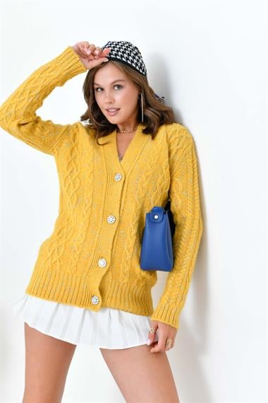 FTZ Women Kadın Sim Detaylı Hırka  Hardal 20589