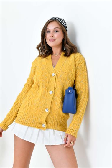 FTZ Women Kadın Sim Detaylı Hırka  Hardal 20589